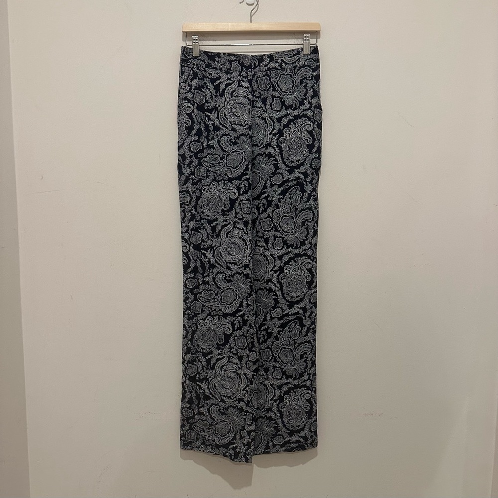 Theory Navy Paisley Print Mitrana Silk Pull on Pant
